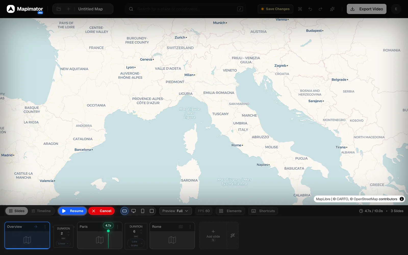 The Studio with a preview paused at 4.6s of 10.0s. The map shows France and Italy mid-flight, and on the storyboard a green playhead sits on the Paris card, which is the start of the move to Rome.