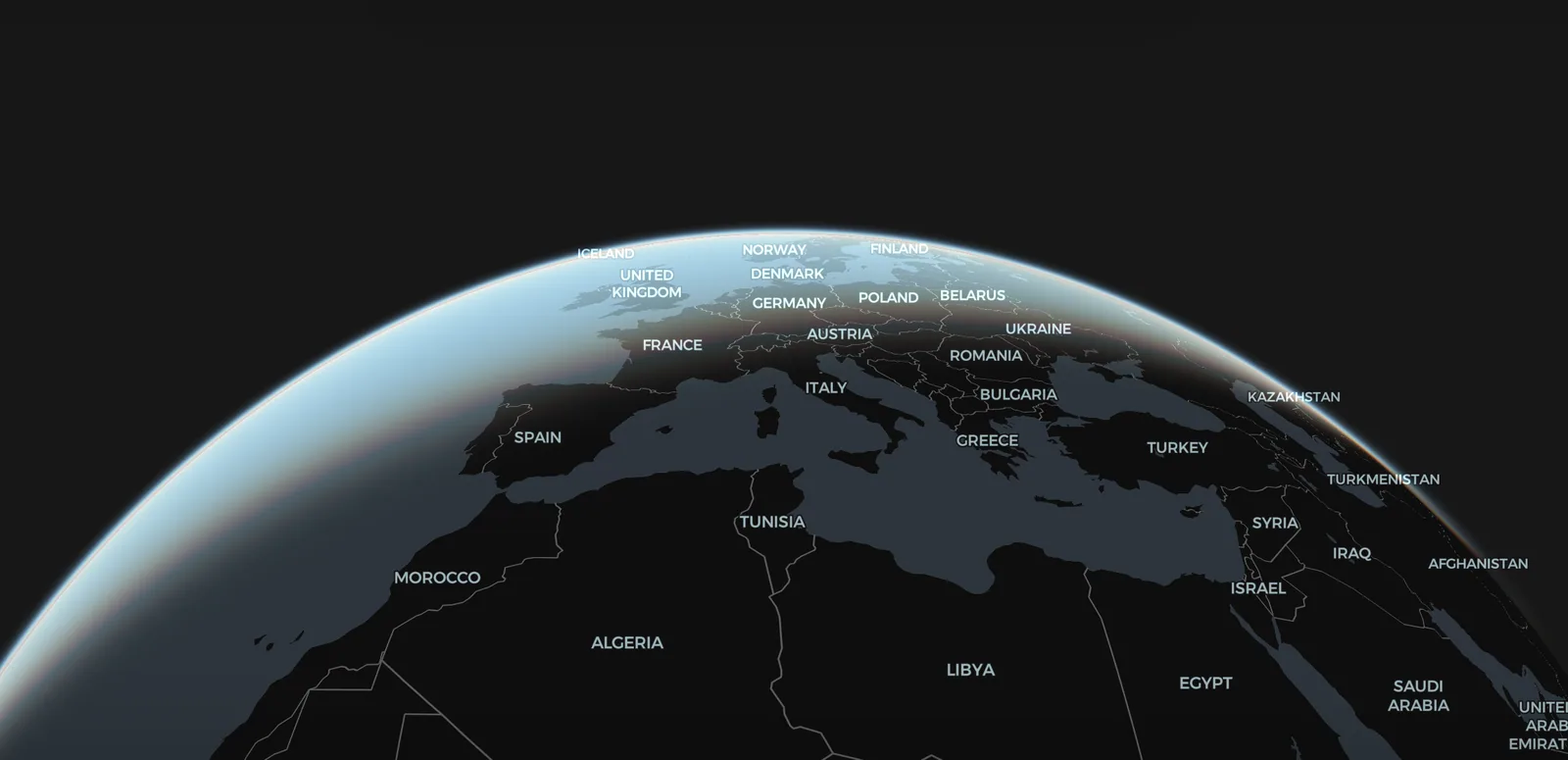 A tilted globe on the Ink map style. A pale blue glow follows the curved edge of the planet, and Europe and North Africa are labeled with country names against a dark background.