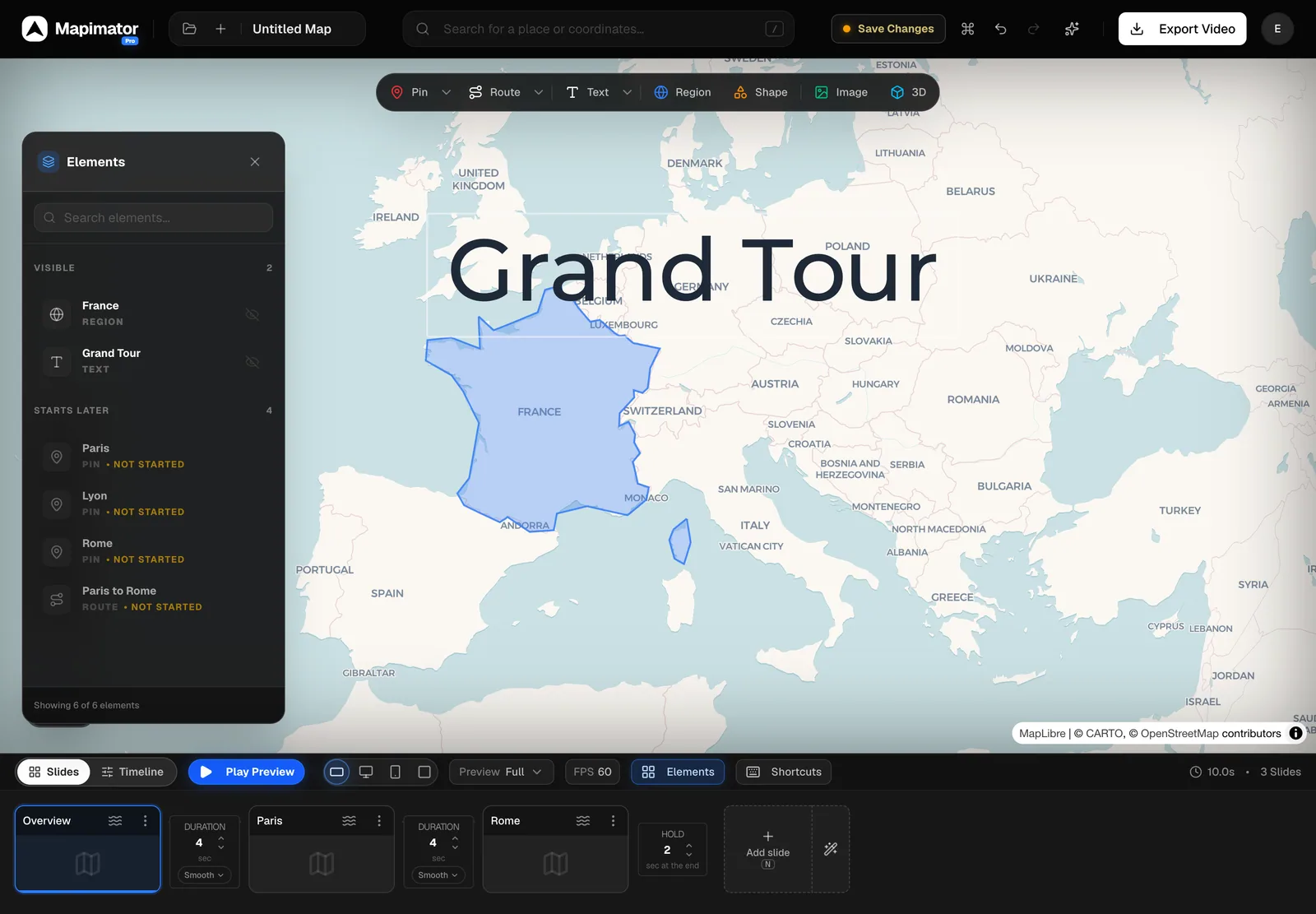 The Studio on the Overview slide with the Elements panel open on the left. France is highlighted in blue and a large Grand Tour title sits above it. The panel lists France and Grand Tour as Visible, and Paris, Lyon, Rome, and Paris to Rome under Starts later.