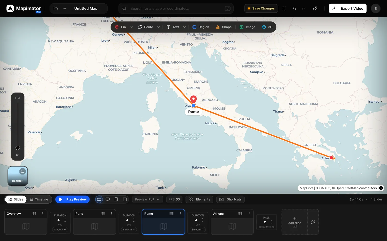 The Studio with a four-slide trip across Europe. The top bar runs across the window, the Quick-Add toolbar floats over the map, and the storyboard fills the bottom panel.